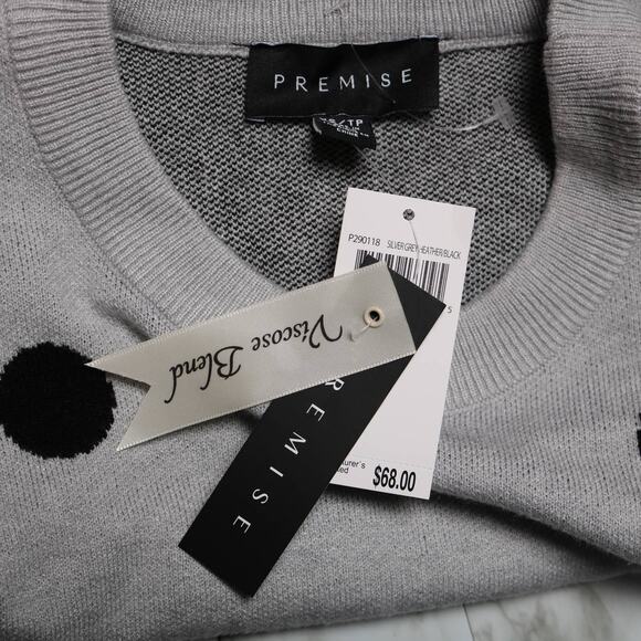 Premise Gray Black Polka Dot Puff Sleeve Stretch Knit Sweater Pullover Size XS - Picture 7 of 11